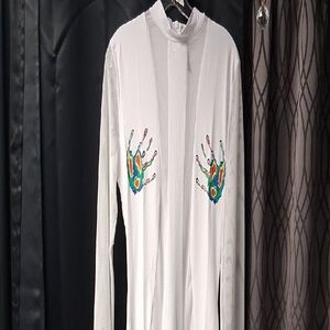 White Long Sleeve Top with Colorful Handprint Design